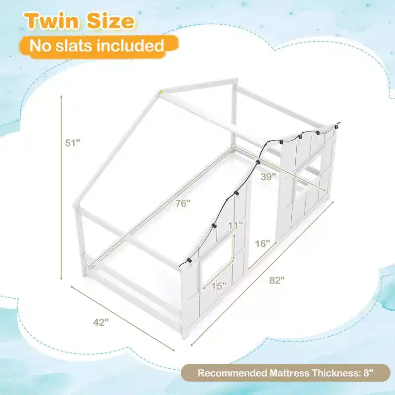 Lit cabane pour enfants avec lumières LED, cadre en bois massif, sans sommier à lattes, gris/naturel/blanc