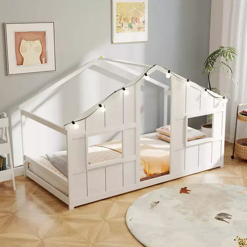 Lit cabane pour enfants avec lumières LED, cadre en bois massif, sans sommier à lattes, gris/naturel/blanc