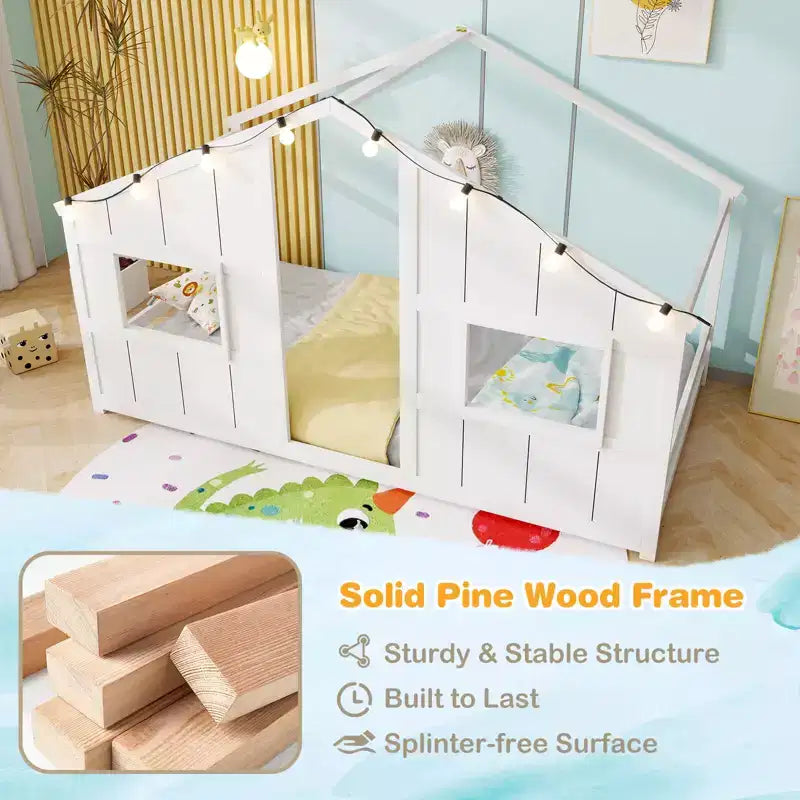 Lit cabane pour enfants avec lumières LED, cadre en bois massif, sans sommier à lattes, gris/naturel/blanc