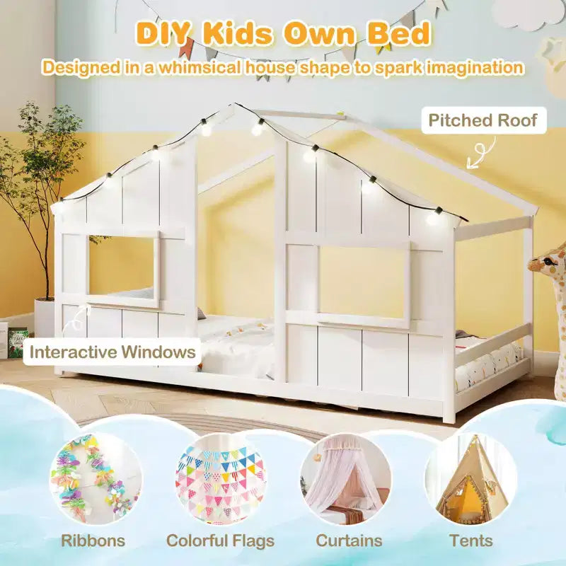 Lit cabane pour enfants avec lumières LED, cadre en bois massif, sans sommier à lattes, gris/naturel/blanc