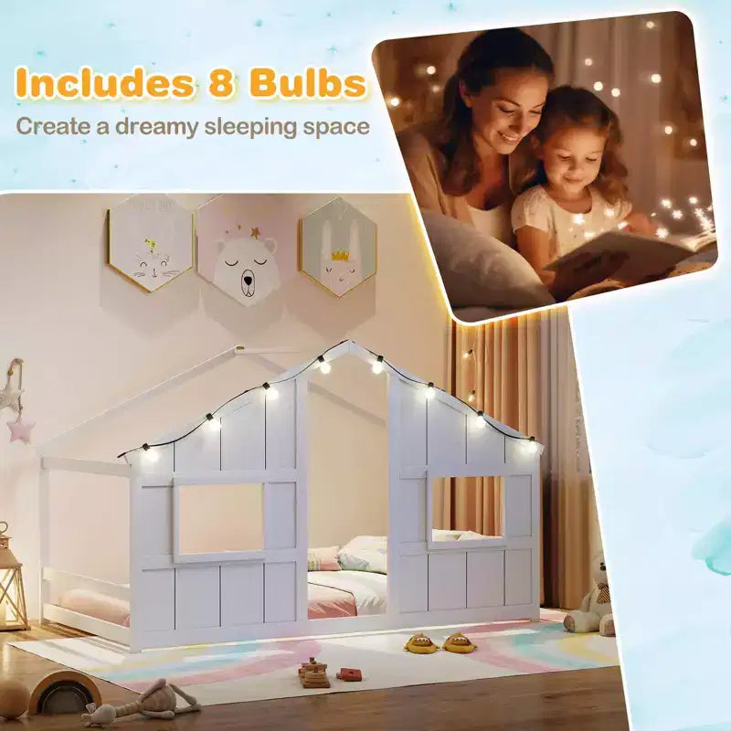 Lit cabane pour enfants avec lumières LED, cadre en bois massif, sans sommier à lattes, gris/naturel/blanc