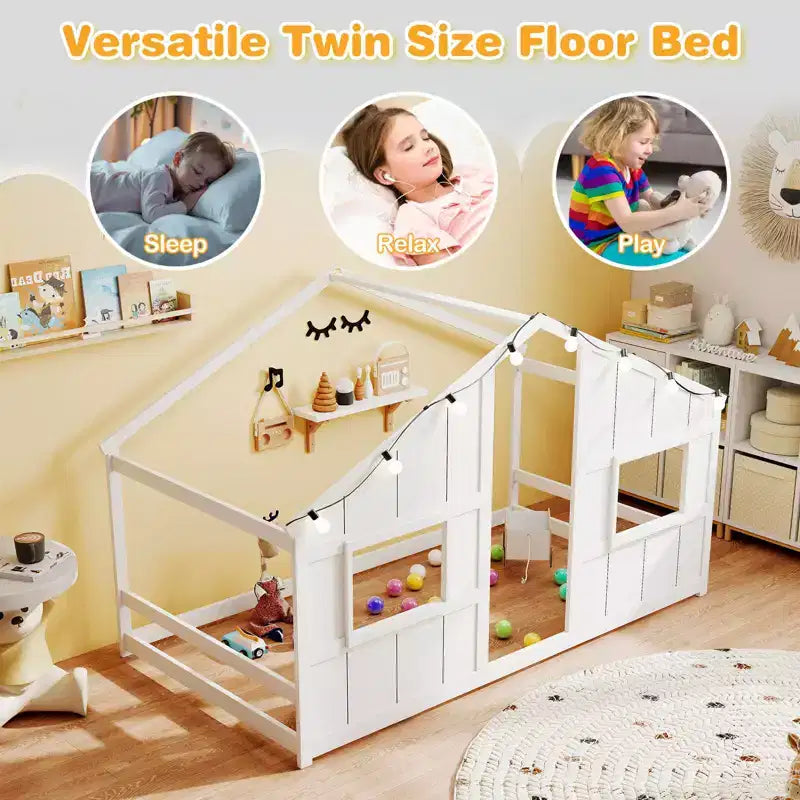 Lit cabane pour enfants avec lumières LED, cadre en bois massif, sans sommier à lattes, gris/naturel/blanc