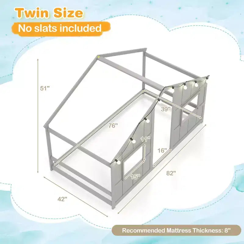 Lit cabane pour enfants avec lumières LED, cadre en bois massif, sans sommier à lattes, gris/naturel/blanc