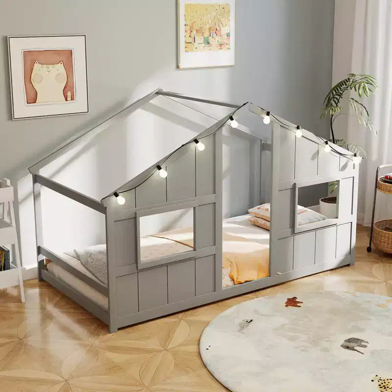 Lit cabane pour enfants avec lumières LED, cadre en bois massif, sans sommier à lattes, gris/naturel/blanc