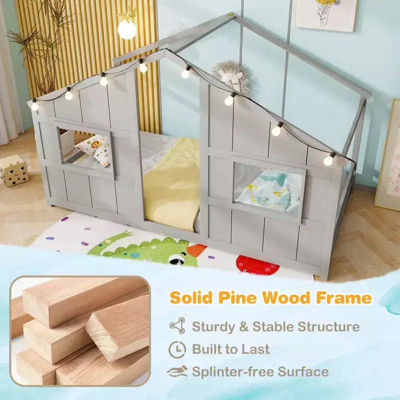 Lit cabane pour enfants avec lumières LED, cadre en bois massif, sans sommier à lattes, gris/naturel/blanc