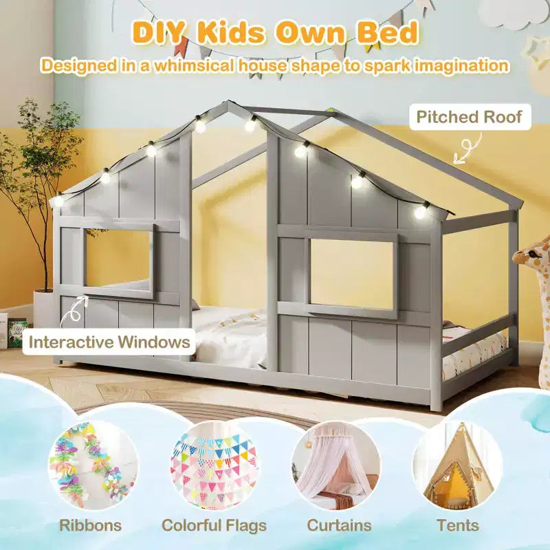 Lit cabane pour enfants avec lumières LED, cadre en bois massif, sans sommier à lattes, gris/naturel/blanc