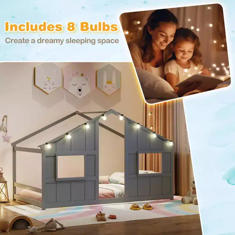 Lit cabane pour enfants avec lumières LED, cadre en bois massif, sans sommier à lattes, gris/naturel/blanc