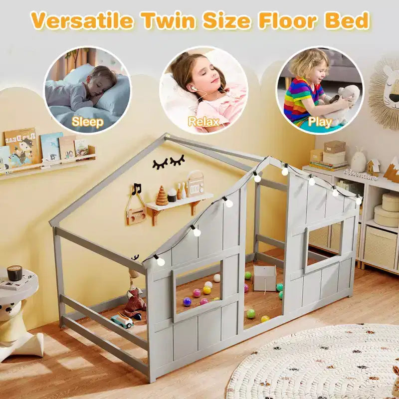Lit cabane pour enfants avec lumières LED, cadre en bois massif, sans sommier à lattes, gris/naturel/blanc