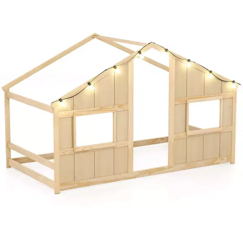 Lit cabane pour enfants avec lumières LED, cadre en bois massif, sans sommier à lattes, gris/naturel/blanc
