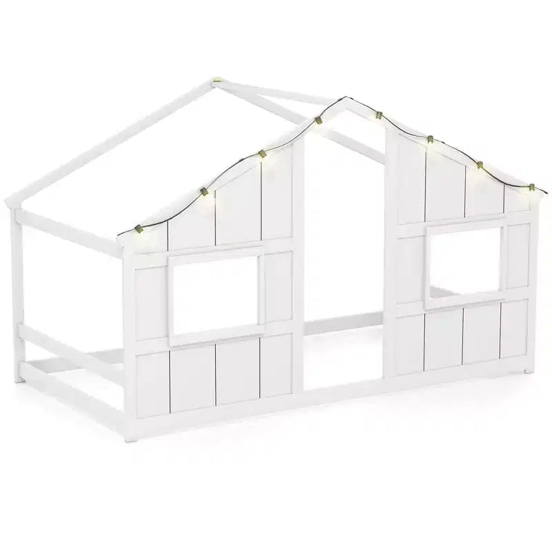Lit cabane pour enfants avec lumières LED, cadre en bois massif, sans sommier à lattes, gris/naturel/blanc