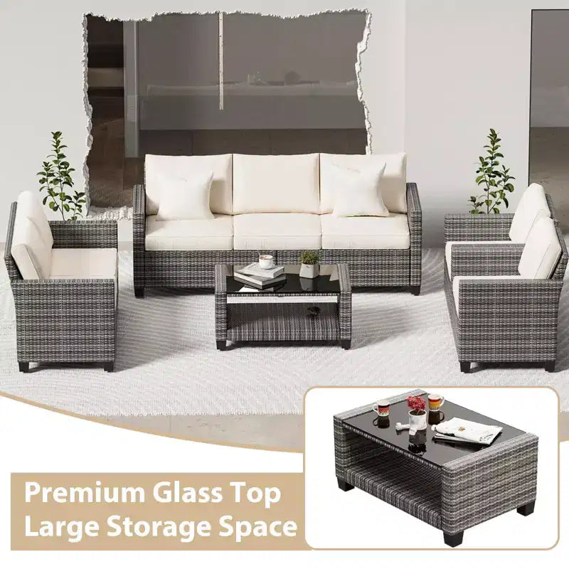 Ensemble de mobilier de patio, ensemble de canapé sectionnel d'extérieur 5 pièces avec table à manger et coussins épais - en rotin PE résistant aux intempéries