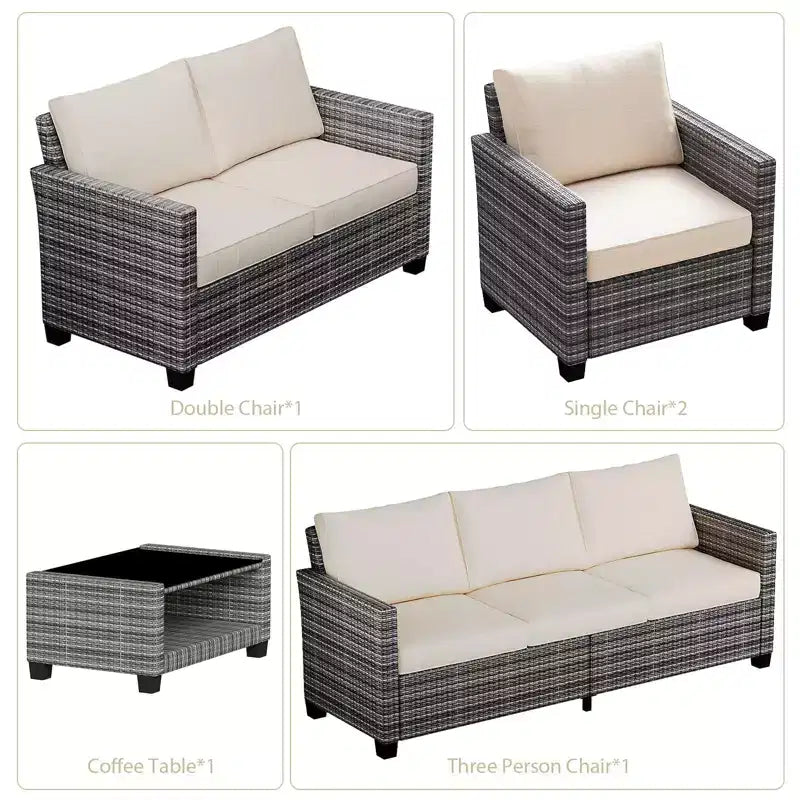 Ensemble de mobilier de patio, ensemble de canapé sectionnel d'extérieur 5 pièces avec table à manger et coussins épais - en rotin PE résistant aux intempéries