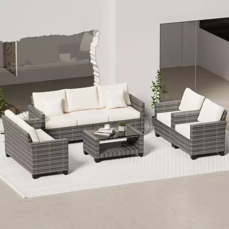 Ensemble de mobilier de patio, ensemble de canapé sectionnel d'extérieur 5 pièces avec table à manger et coussins épais - en rotin PE résistant aux intempéries