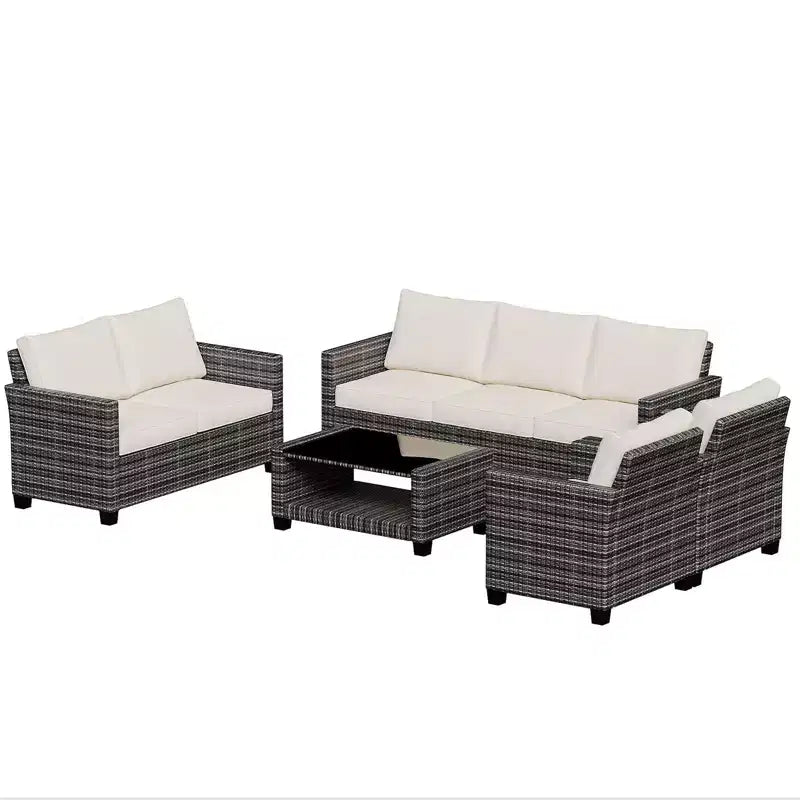 Ensemble de mobilier de patio, ensemble de canapé sectionnel d'extérieur 5 pièces avec table à manger et coussins épais - en rotin PE résistant aux intempéries