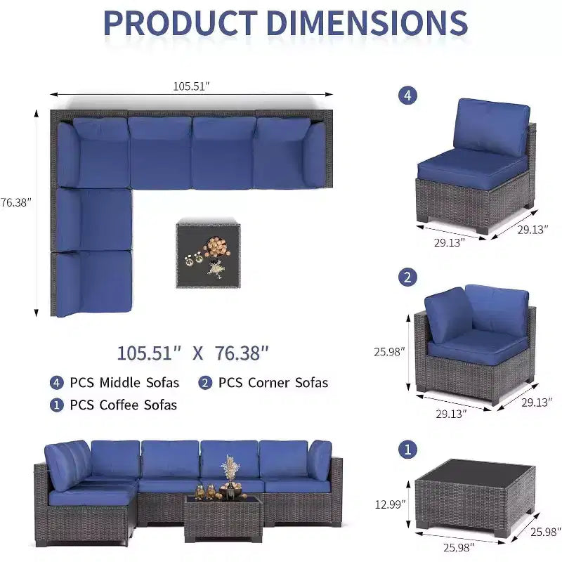 Salon de jardin 7 pièces en rotin pour extérieur avec coussins moelleux amovibles Ensembles de conversation de patio Canapé d'angle de patio étanche avec table à plateau en verre
