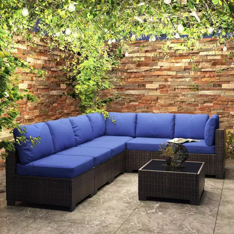 Salon de jardin 7 pièces en rotin pour extérieur avec coussins moelleux amovibles Ensembles de conversation de patio Canapé d'angle de patio étanche avec table à plateau en verre
