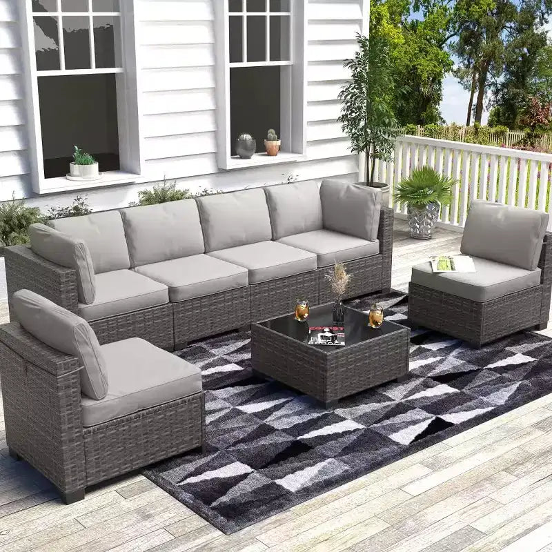 Salon de jardin 7 pièces en rotin pour extérieur avec coussins moelleux amovibles Ensembles de conversation de patio Canapé d'angle de patio étanche avec table à plateau en verre