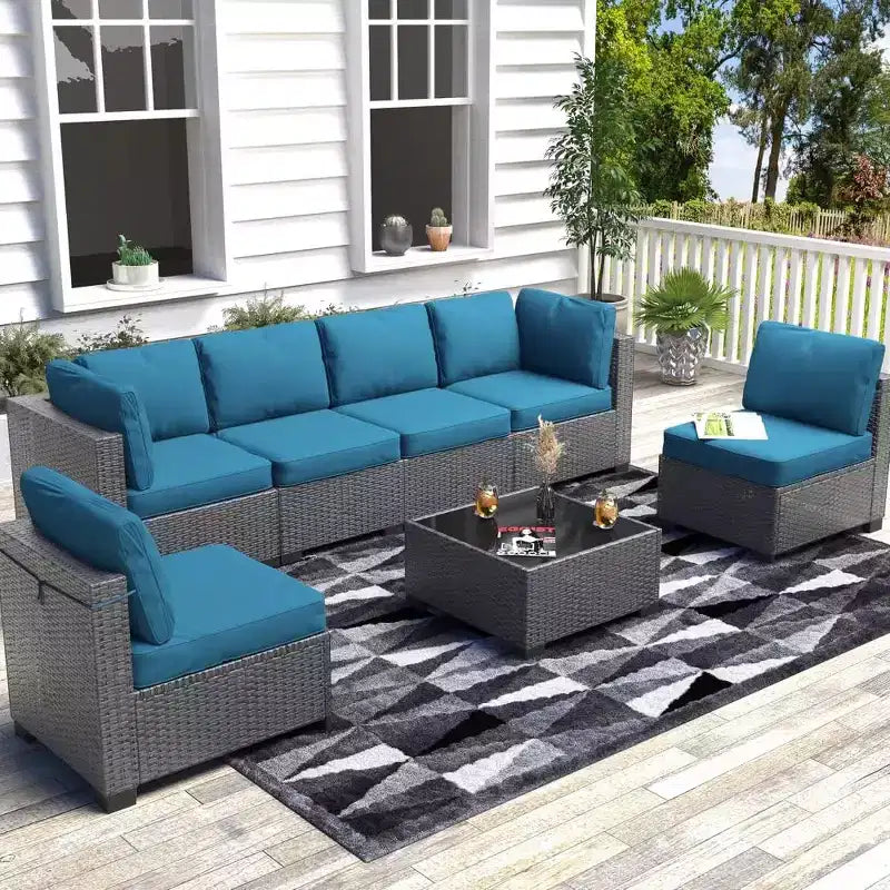 Salon de jardin 7 pièces en rotin pour extérieur avec coussins moelleux amovibles Ensembles de conversation de patio Canapé d'angle de patio étanche avec table à plateau en verre