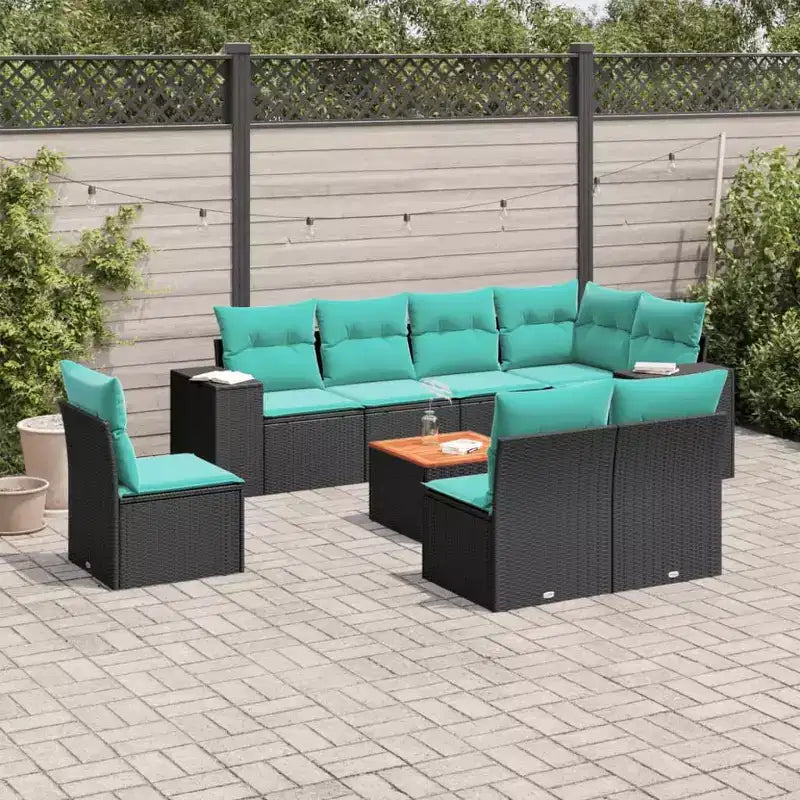 vidaXL Salon de jardin 9 pcs avec coussins Noir Résine tressée - Noir et bleu