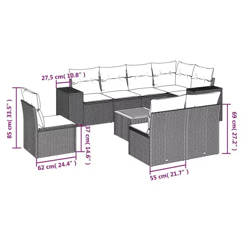 vidaXL Salon de jardin 9 pcs avec coussins Noir Résine tressée - Noir et bleu