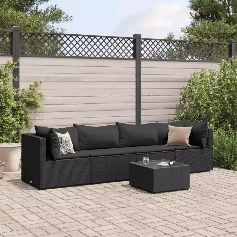 vidaXL - Salon de jardin 5 pièces avec coussins noirs - Rotin PE, cadre en acier, table basse en verre trempé - pour jardin, terrasse, patio