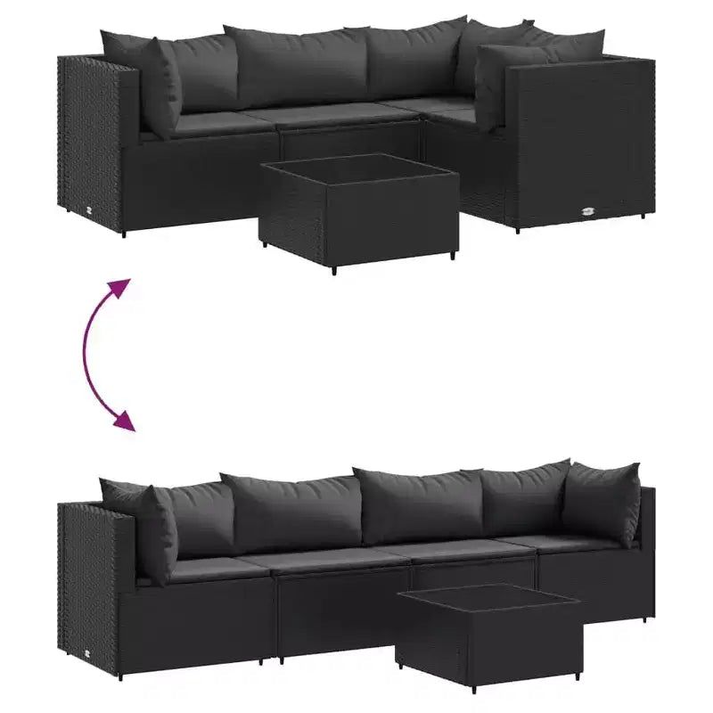 vidaXL - Salon de jardin 5 pièces avec coussins noirs - Rotin PE, cadre en acier, table basse en verre trempé - pour jardin, terrasse, patio