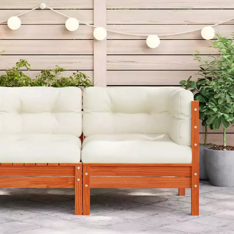 vidaXL Canapé d'angle de jardin avec coussins - Bois de pin marron ciré Meuble de jardin modulable pour extérieur/patio - 63x63x62,5 cm