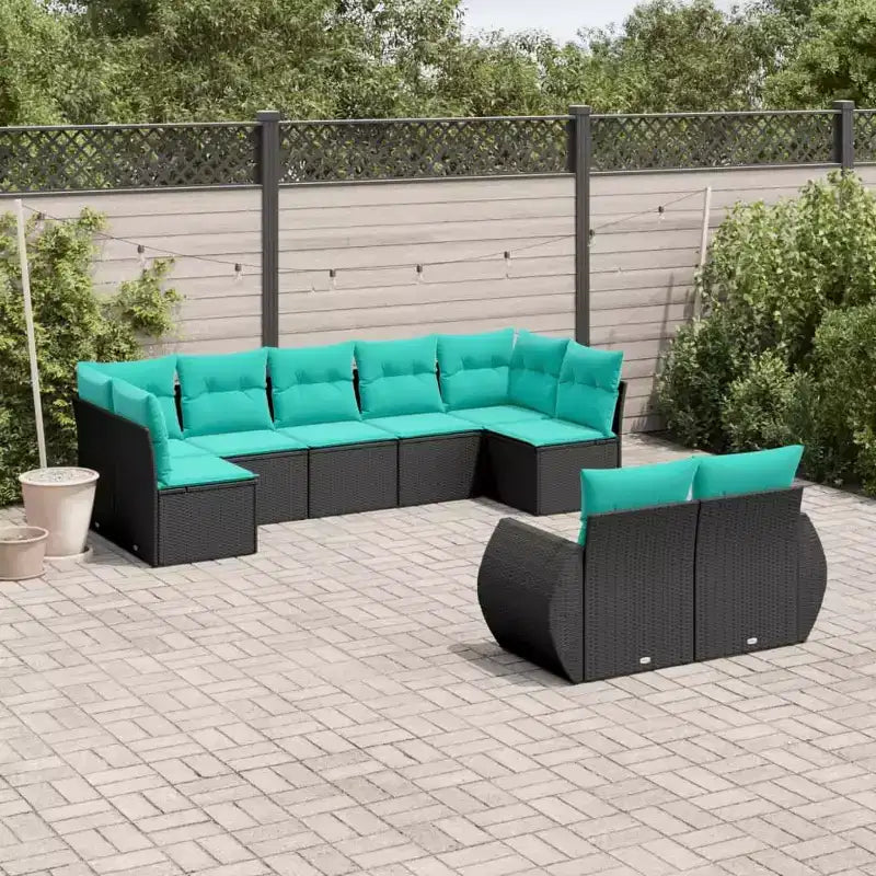 vidaXL Salon de jardin en résine tressée noir 9 pièces pieds réglables - Noir et bleu sans table