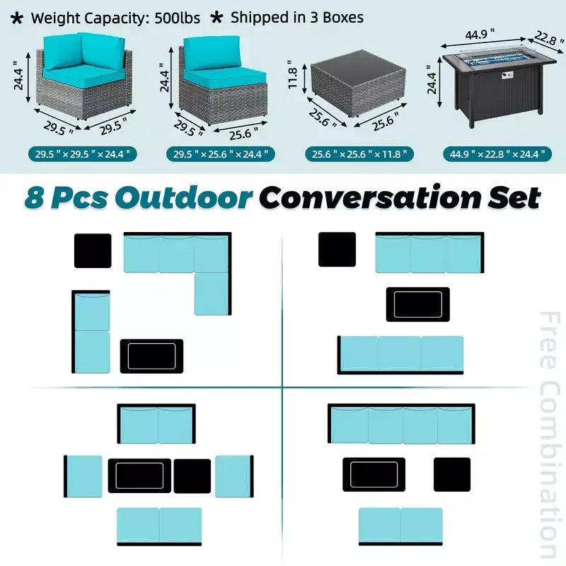 Celebalcony – Ensemble de meubles de patio 8 pièces avec table de foyer de 45 po, sectionnel d'extérieur, ensemble de conversation, canapé en rotin et table basse