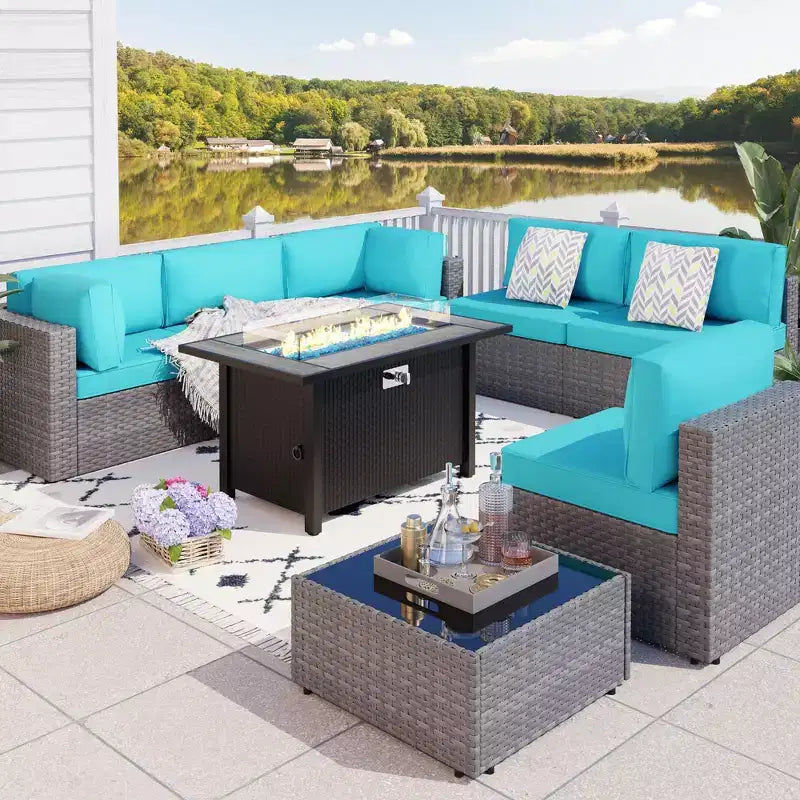 Celebalcony – Ensemble de meubles de patio 8 pièces avec table de foyer de 45 po, sectionnel d'extérieur, ensemble de conversation, canapé en rotin et table basse