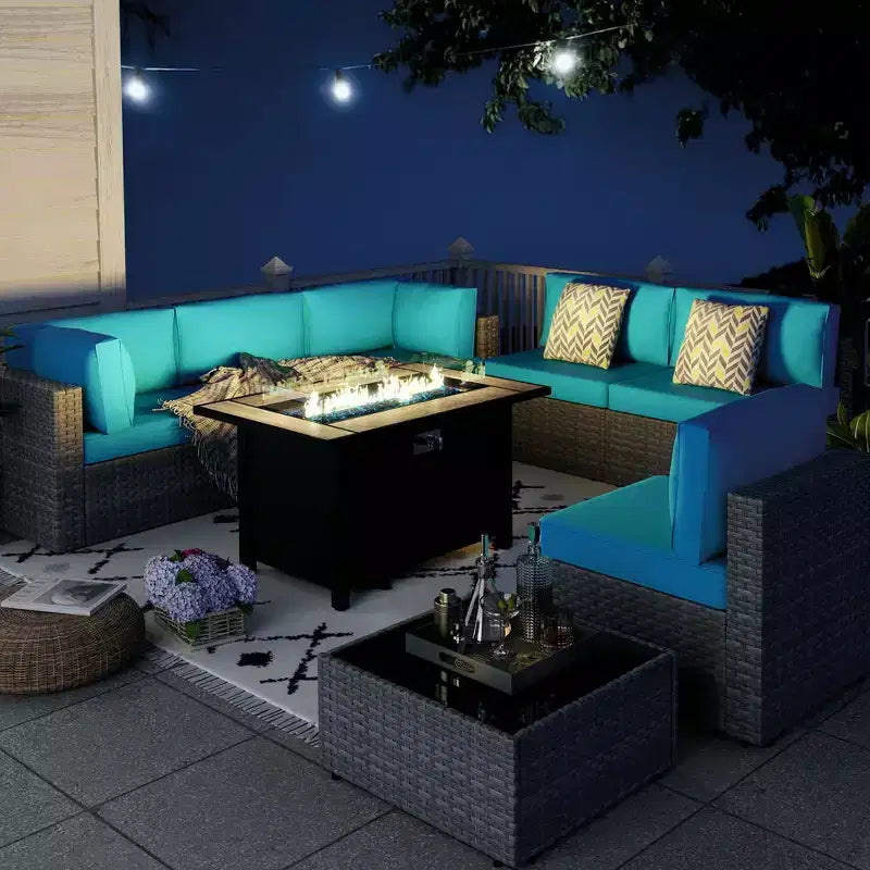 Celebalcony – Ensemble de meubles de patio 8 pièces avec table de foyer de 45 po, sectionnel d'extérieur, ensemble de conversation, canapé en rotin et table basse