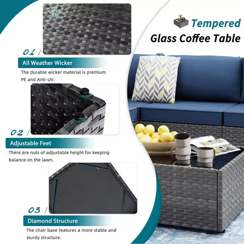 Celebalcony – Ensemble de meubles de patio 8 pièces avec table de foyer de 45 po, sectionnel d'extérieur, ensemble de conversation, canapé en rotin et table basse