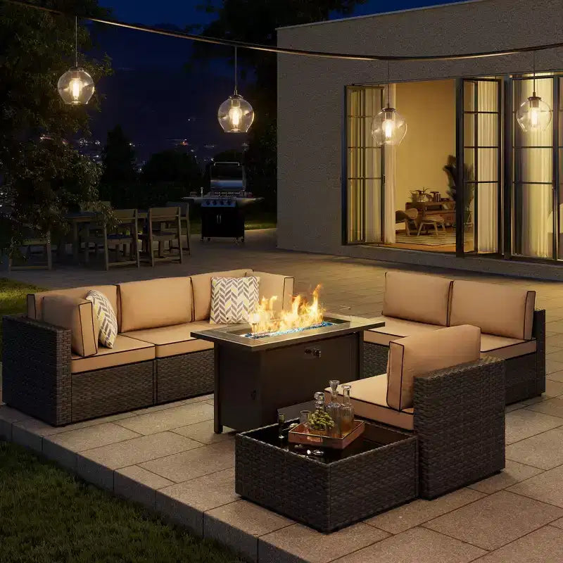 Celebalcony – Ensemble de meubles de patio 8 pièces avec table de foyer de 45 po, sectionnel d'extérieur, ensemble de conversation, canapé en rotin et table basse
