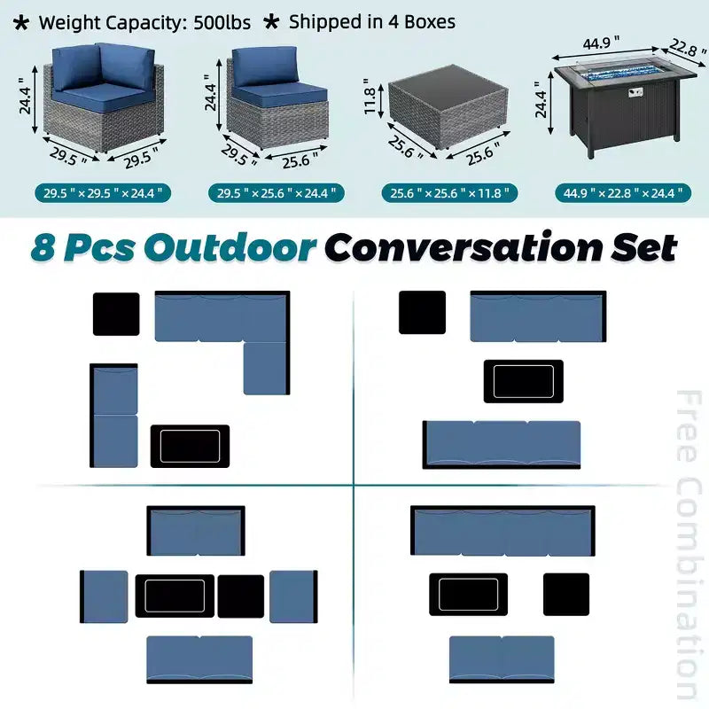 Celebalcony – Ensemble de meubles de patio 8 pièces avec table de foyer de 45 po, sectionnel d'extérieur, ensemble de conversation, canapé en rotin et table basse