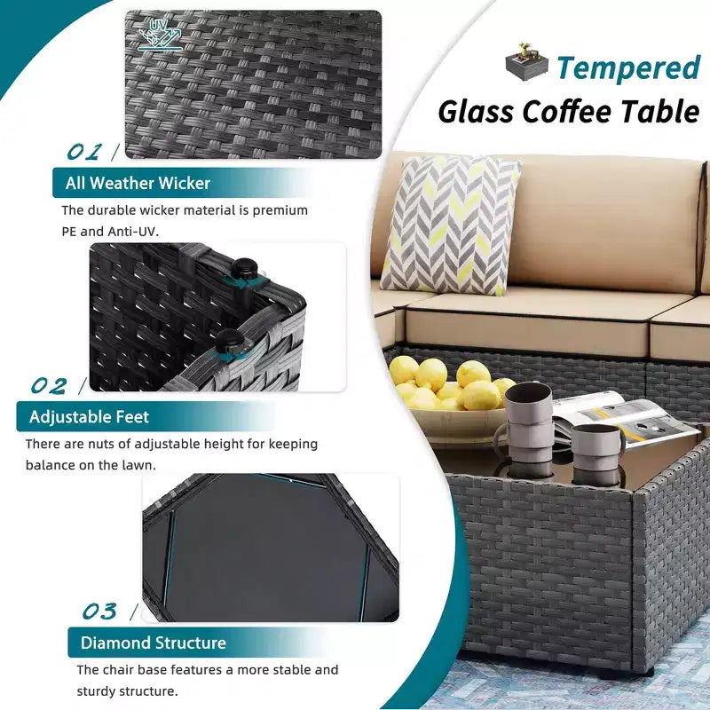 Celebalcony – Ensemble de meubles de patio 8 pièces avec table de foyer de 45 po, sectionnel d'extérieur, ensemble de conversation, canapé en rotin et table basse