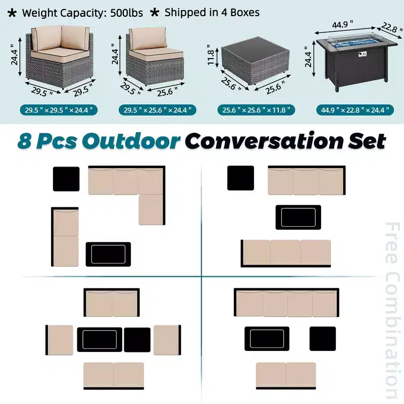 Celebalcony – Ensemble de meubles de patio 8 pièces avec table de foyer de 45 po, sectionnel d'extérieur, ensemble de conversation, canapé en rotin et table basse