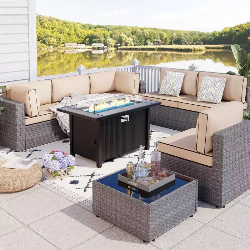 Celebalcony – Ensemble de meubles de patio 8 pièces avec table de foyer de 45 po, sectionnel d'extérieur, ensemble de conversation, canapé en rotin et table basse