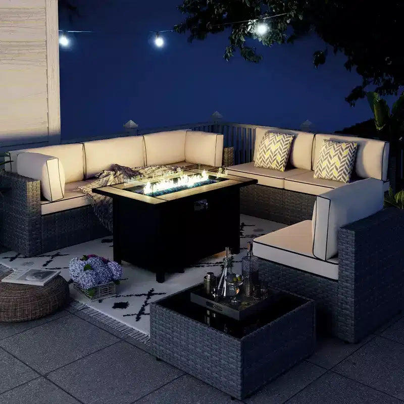 Celebalcony – Ensemble de meubles de patio 8 pièces avec table de foyer de 45 po, sectionnel d'extérieur, ensemble de conversation, canapé en rotin et table basse