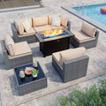Celebalcony 8-Piece Patio Furniture Set with 45 Fire Pit Table,Outdoor Sectional Conversation Set Wicker Rattan Sofa Set with Coffee Table