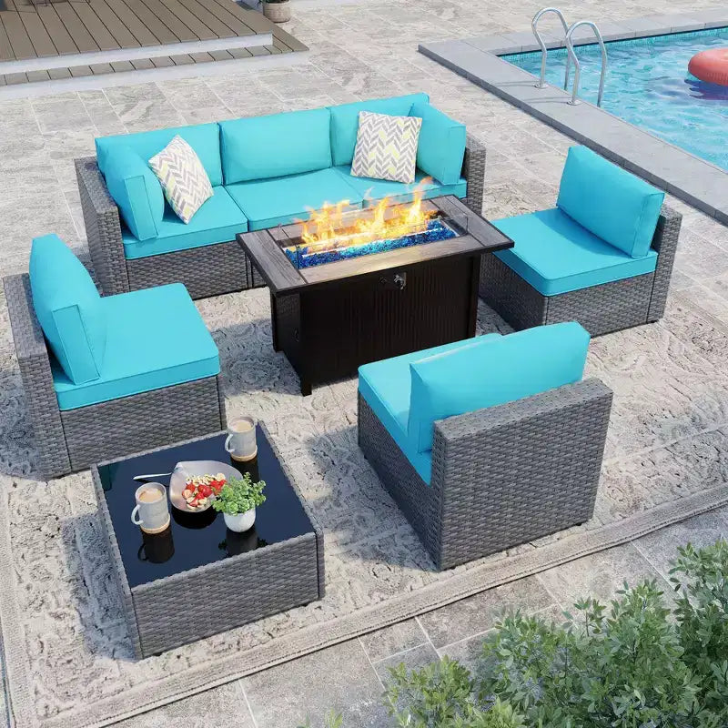 Celebalcony – Ensemble de meubles de patio 8 pièces avec table de foyer de 45 po, sectionnel d'extérieur, ensemble de conversation, canapé en rotin et table basse