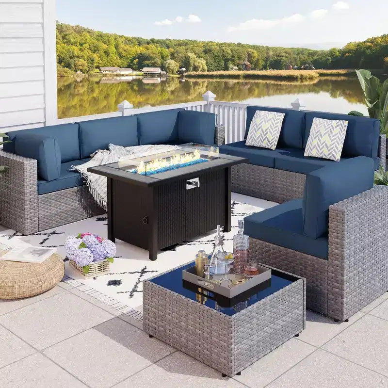 Celebalcony – Ensemble de meubles de patio 8 pièces avec table de foyer de 45 po, sectionnel d'extérieur, ensemble de conversation, canapé en rotin et table basse