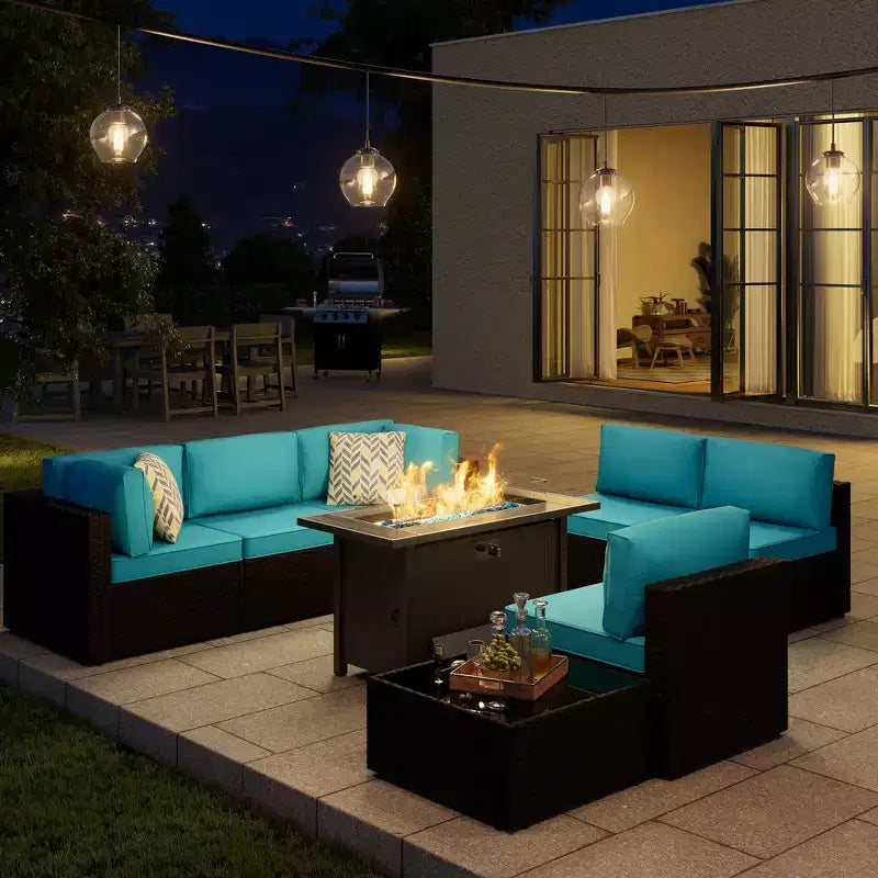 Celebalcony - Ensemble de conversation d'extérieur 8 pièces avec canapé modulable, cadre noir et table brasero