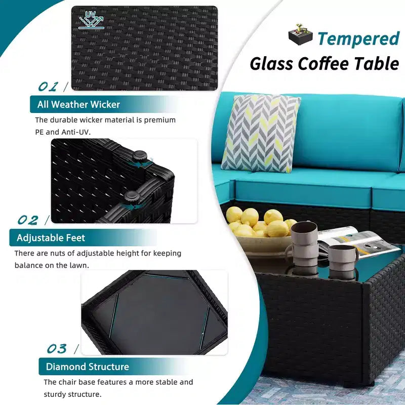 Celebalcony - Ensemble de conversation d'extérieur 8 pièces avec canapé modulable, cadre noir et table brasero