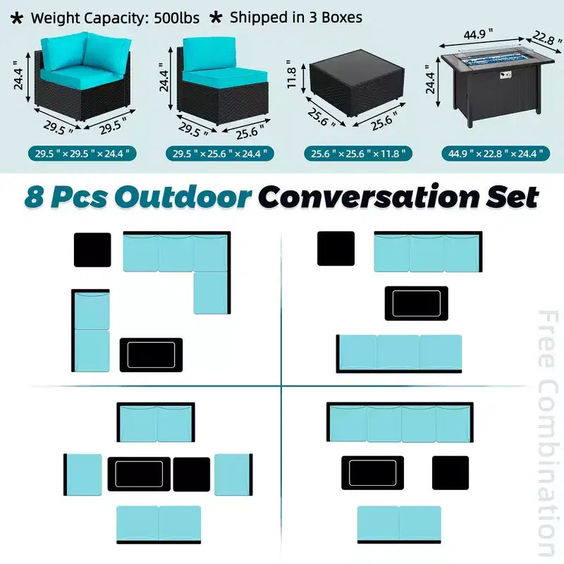 Celebalcony - Ensemble de conversation d'extérieur 8 pièces avec canapé modulable, cadre noir et table brasero