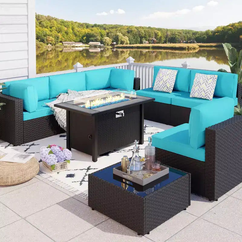 Celebalcony - Ensemble de conversation d'extérieur 8 pièces avec canapé modulable, cadre noir et table brasero