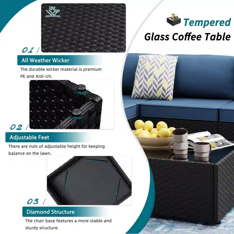 Celebalcony - Ensemble de conversation d'extérieur 8 pièces avec canapé modulable, cadre noir et table brasero
