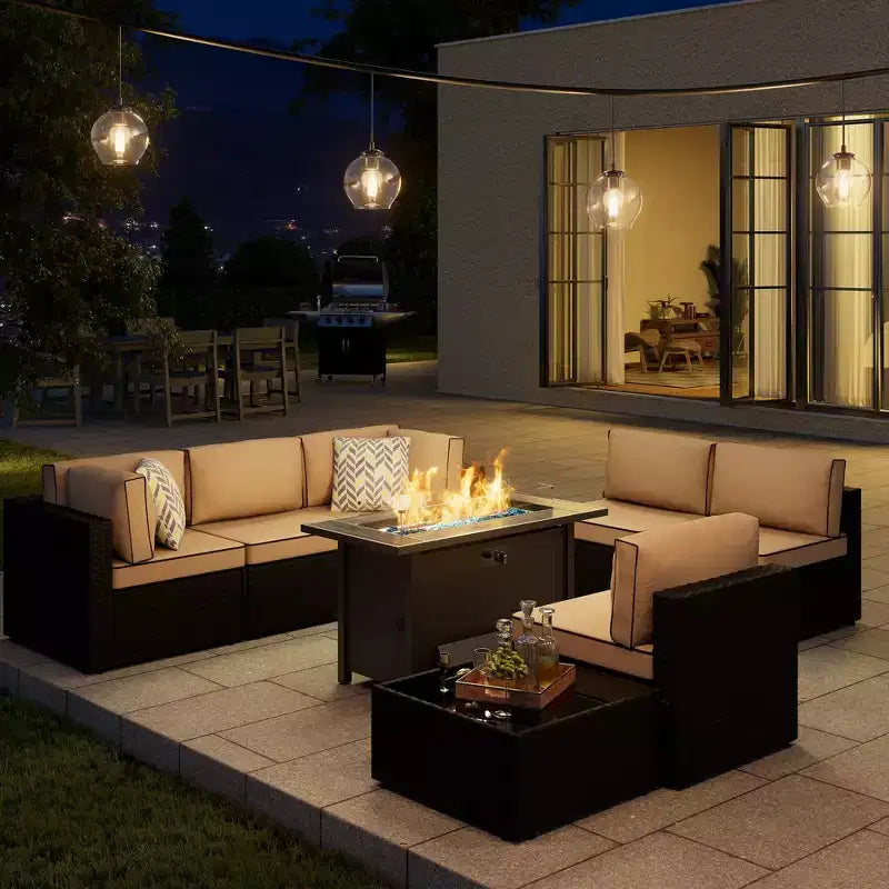 Celebalcony - Ensemble de conversation d'extérieur 8 pièces avec canapé modulable, cadre noir et table brasero