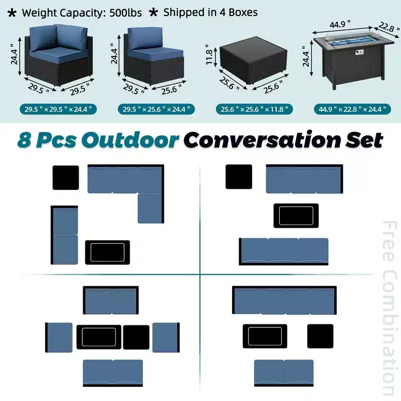 Celebalcony - Ensemble de conversation d'extérieur 8 pièces avec canapé modulable, cadre noir et table brasero