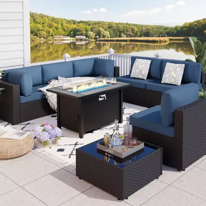 Celebalcony - Ensemble de conversation d'extérieur 8 pièces avec canapé modulable, cadre noir et table brasero