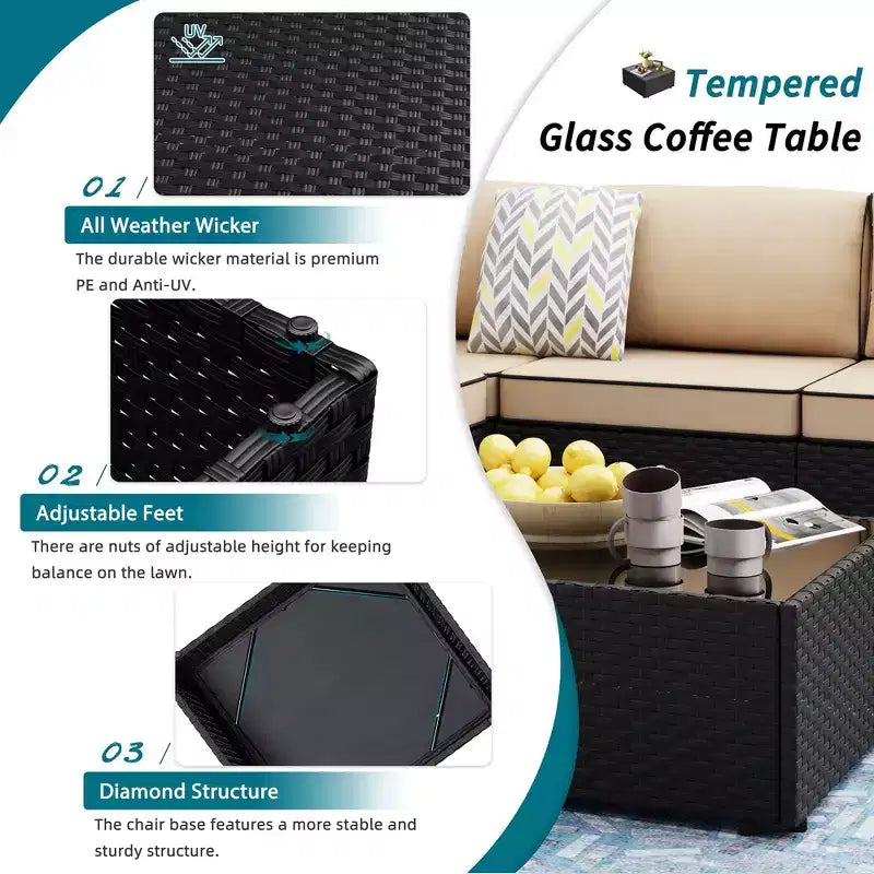 Celebalcony - Ensemble de conversation d'extérieur 8 pièces avec canapé modulable, cadre noir et table brasero